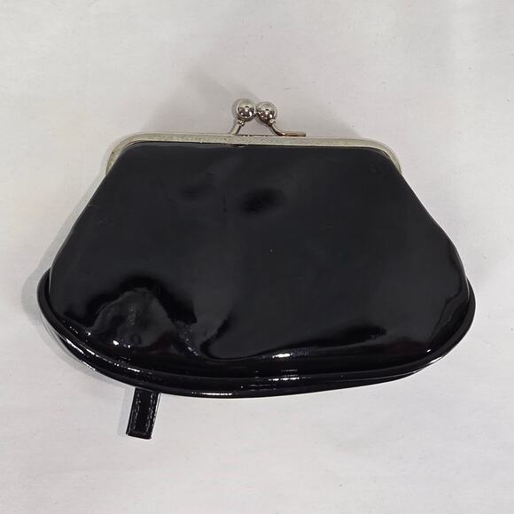 BLACK FAUX PATENT LEATHER CLUTCH PURSE W/ LOCK CHARM, BOTTOM ZIP POCKET – 7"x4" - Picture 2 of 8